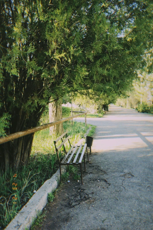 the bench is left alone along the road