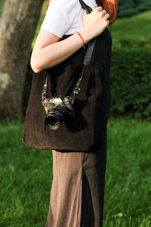 woman with a black camera in her brown purse