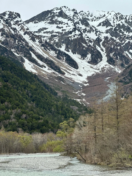 mountain and water in the foreground, with snow on them