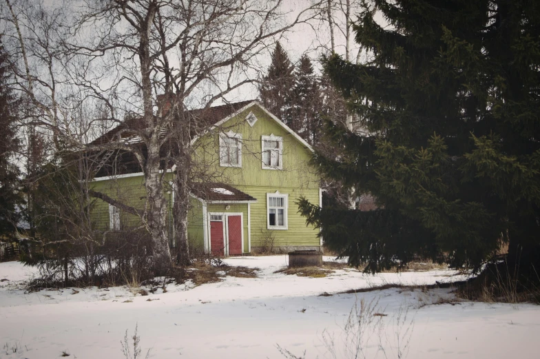 a house with trees and snow around it