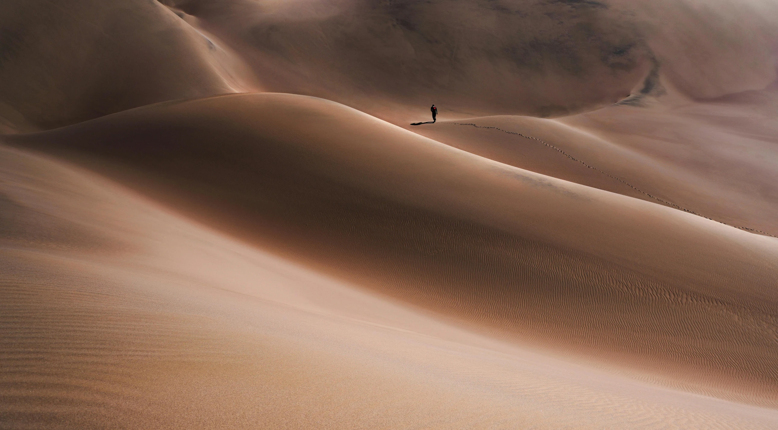 three people stand on the side of a hill in the desert