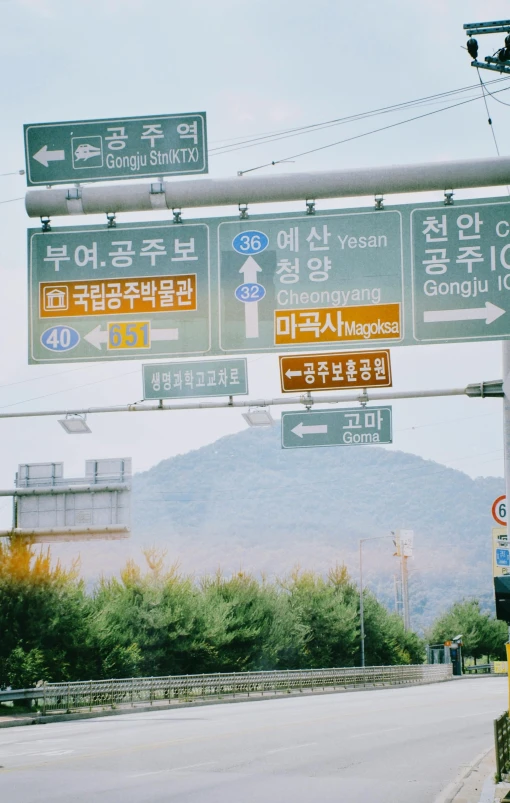 many green street signs with asian writing under it