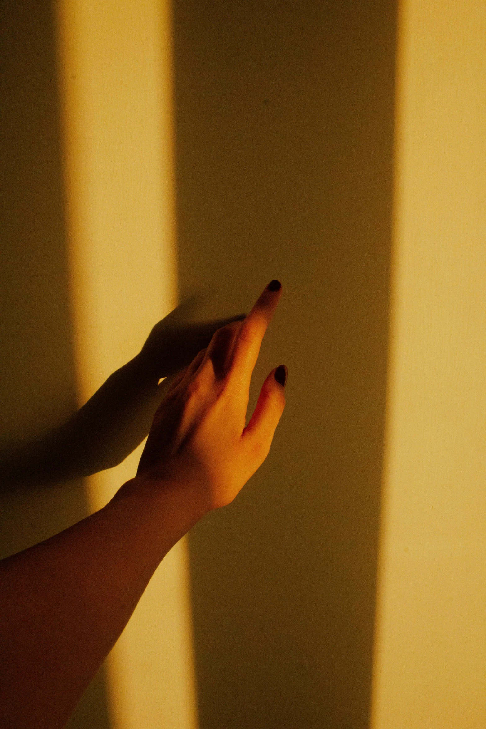 the shadow of a hand casting long shadows onto a wall