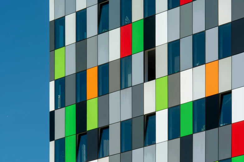 the windows on the building are colorfully painted