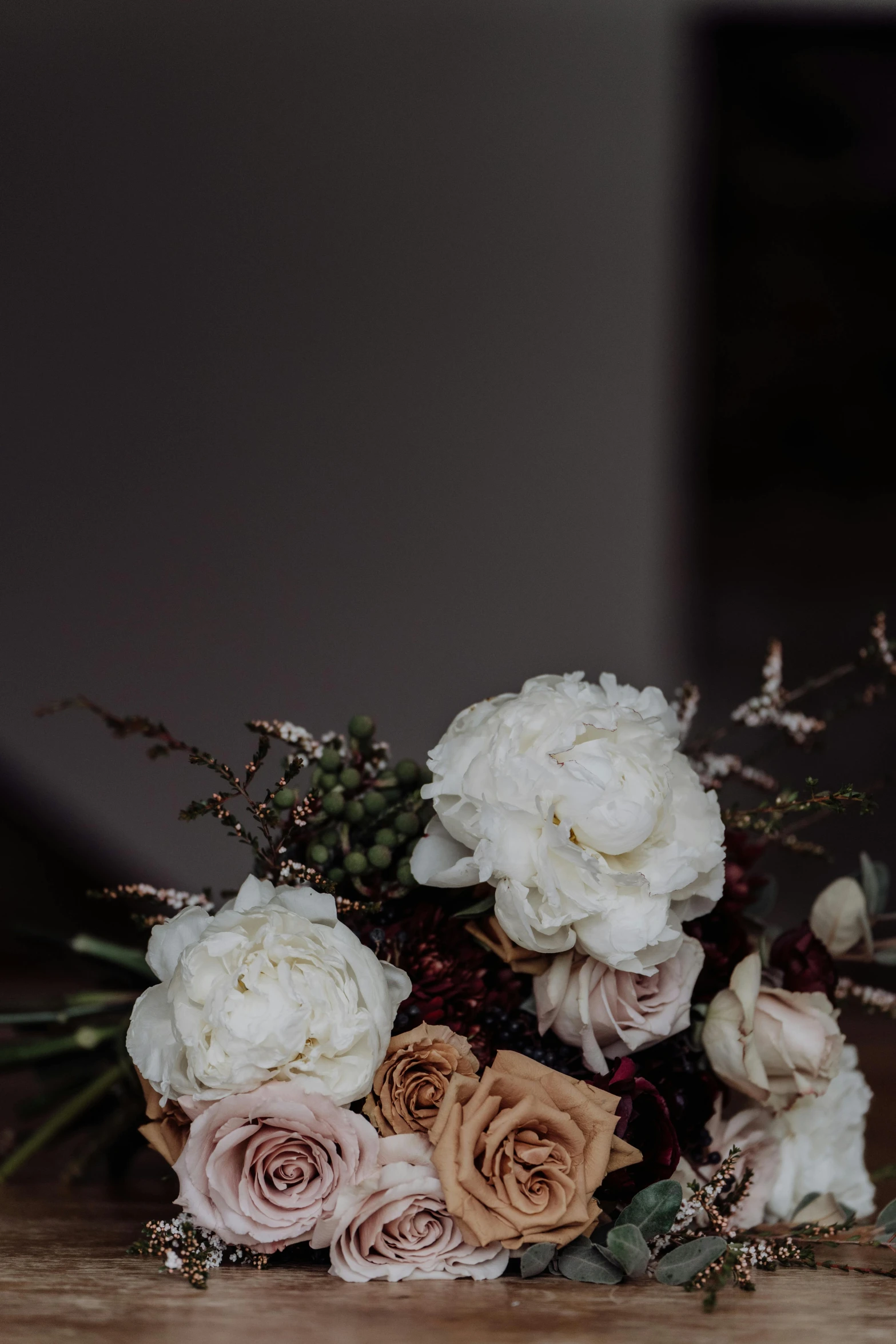 wedding bouquet with large white flowers on table