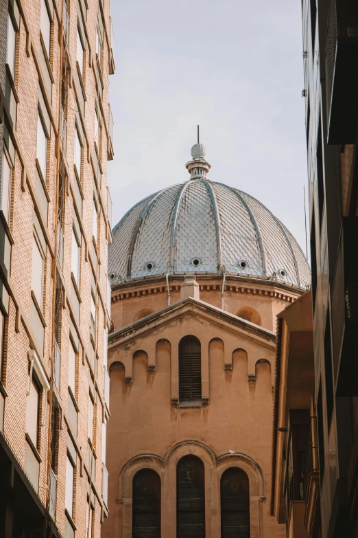 the building is brown and has a large white dome on top