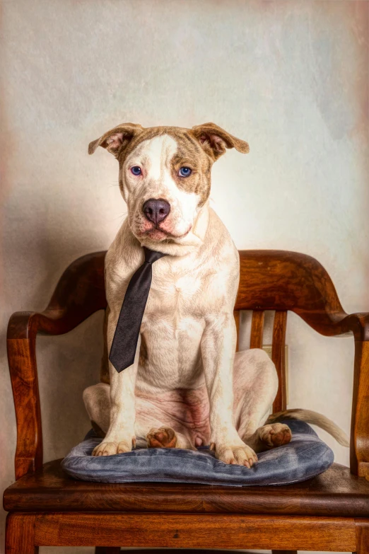 a dog with a tie on sitting on a chair