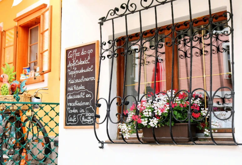 flowers sit in front of a window with iron bars