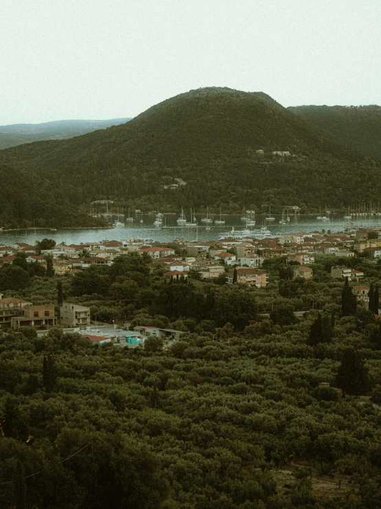 view of small town and lake from hill top