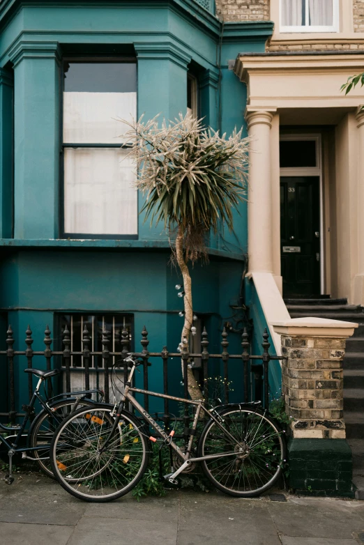 two bikes parked next to each other outside a blue building