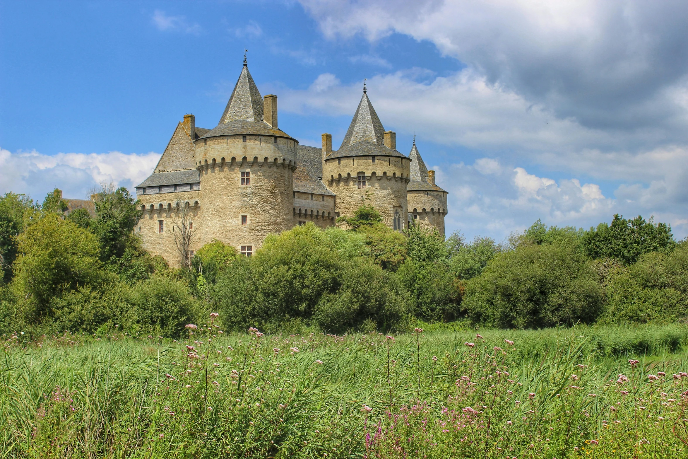 a large old building with turrets sits on a hill