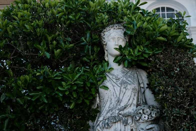 a large statue surrounded by lots of green leaves