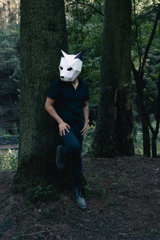 a man wearing a mask sitting in the woods