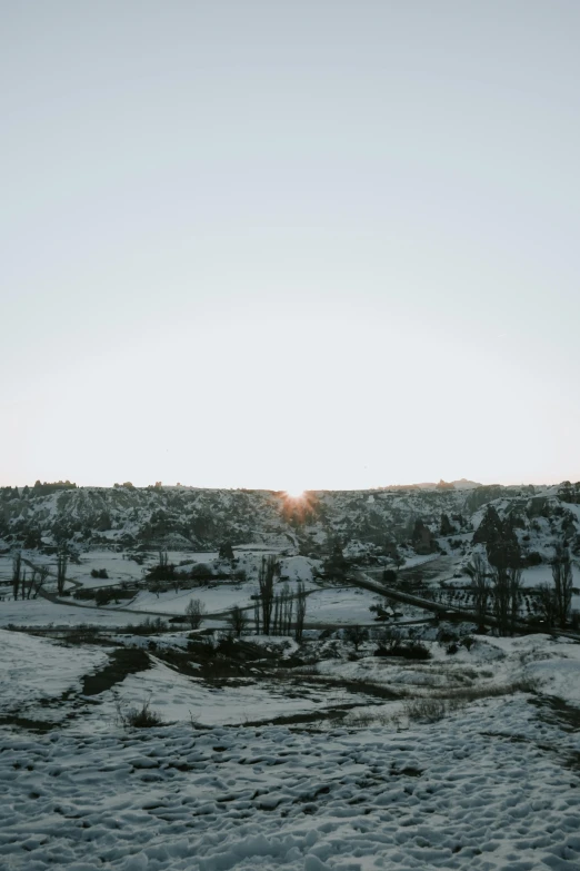 the sun shining behind the trees in the snow