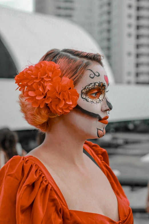 a woman with a flower in her hair