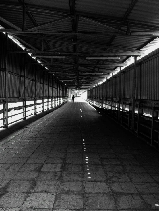 an empty walkway with wooden benches on each side