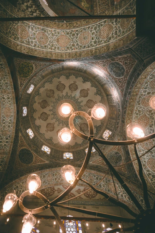 the inside view of a decorative ceiling with lights