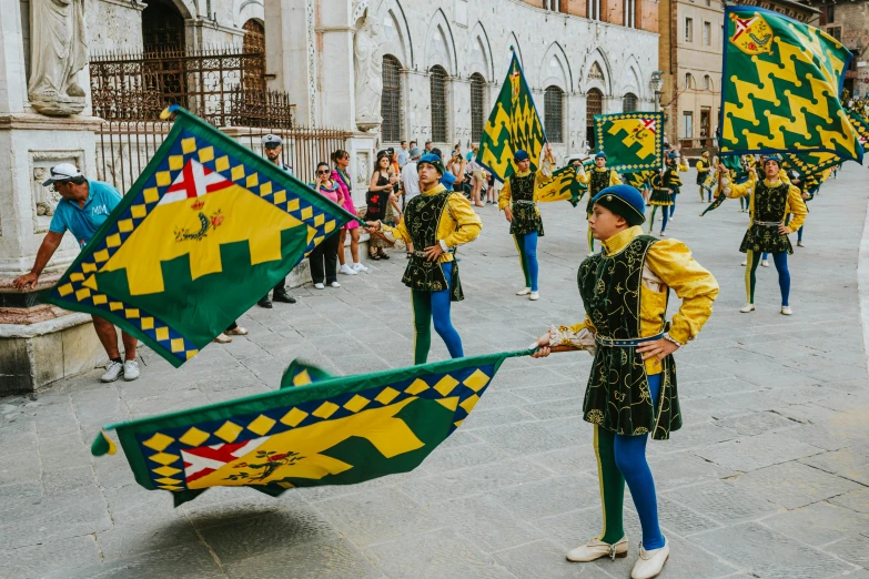 many people dressed in elaborate clothing are holding flags