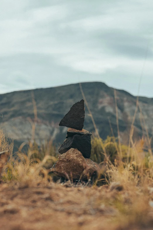 a pile of rocks sitting in the grass with mountains in the background