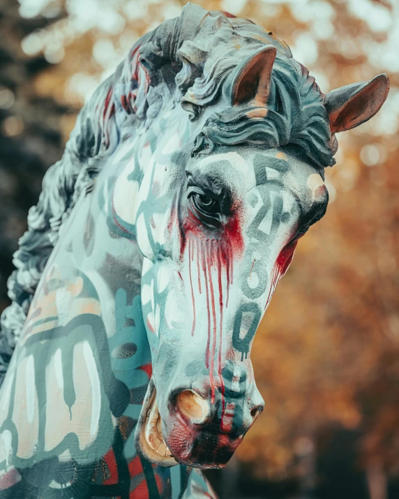 the head of a horse with red  stains on it