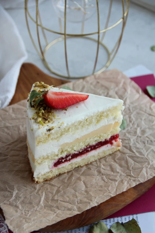 this cake is a multi - layered, white frosted cake with fruit toppings