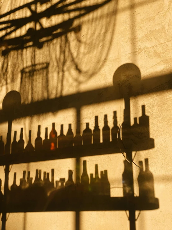 a display of empty bottles in a dimly lit room