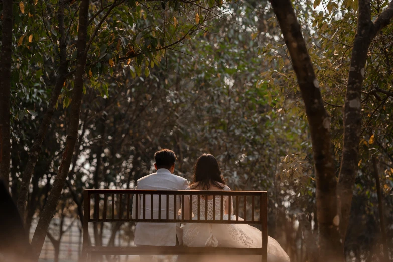 the back view of a couple sitting on a bench