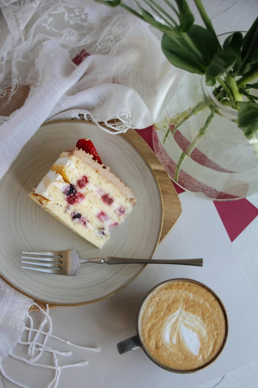 a plate with a piece of cake and cup of coffee