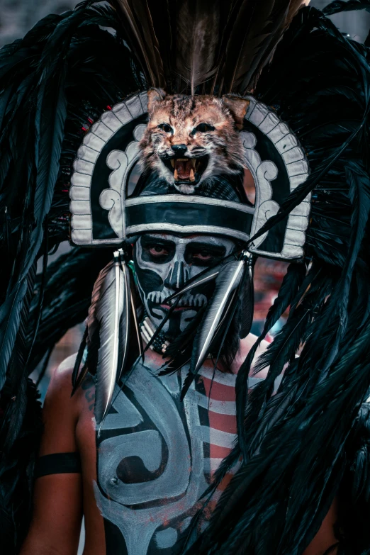 a man wearing a tribal headdress with feather feathers