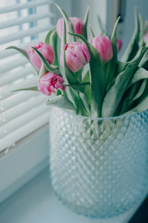 a bouquet of pink tulips sits in a clear vase