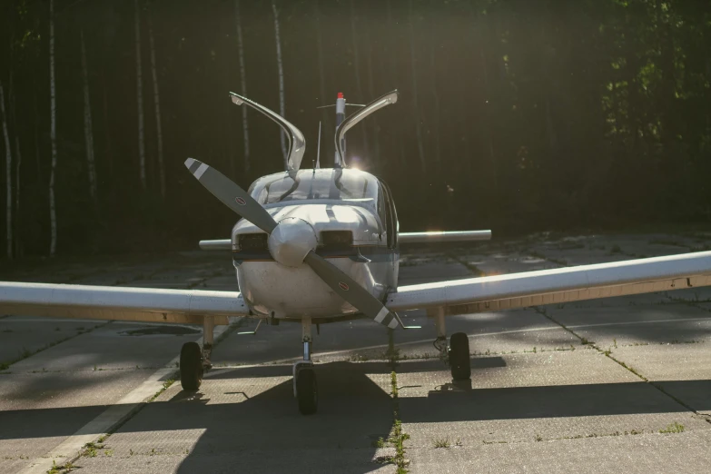 an airplane parked in a runway surrounded by trees