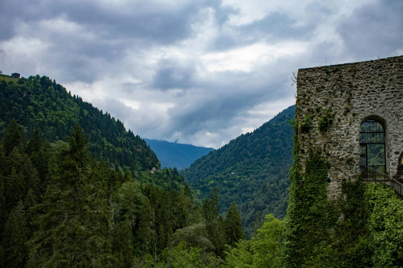 this is a mountain side structure with green leaves