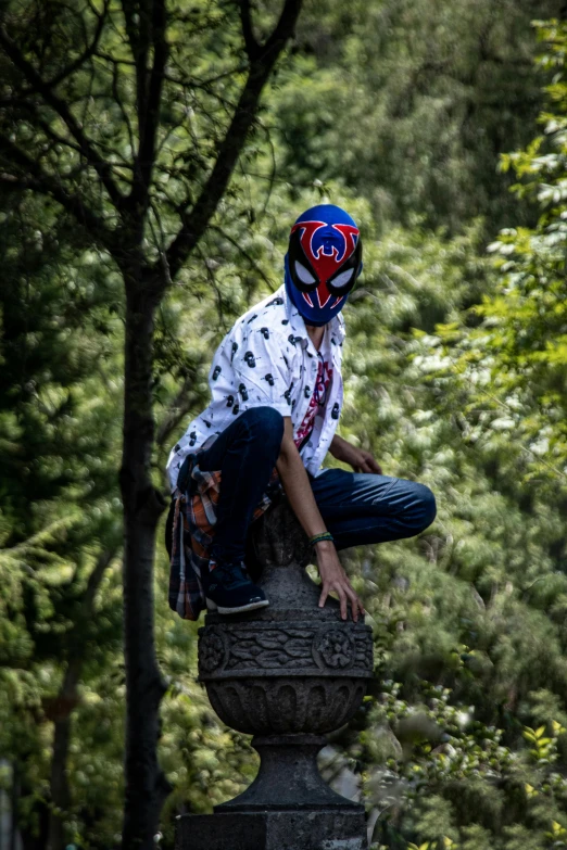 a man sitting on a rock in front of trees