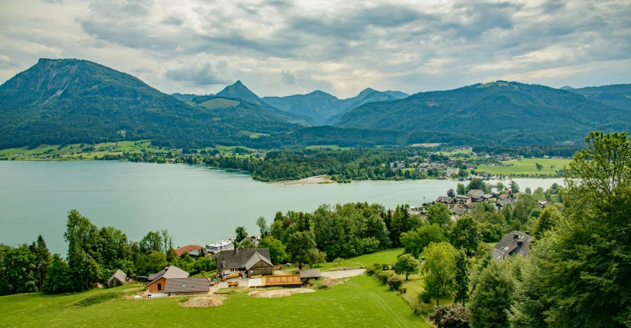 a large grassy field on the side of a lake