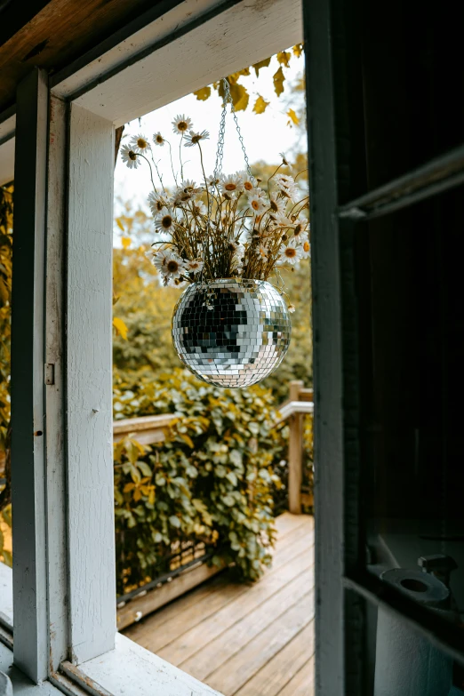 a window that has flowers hanging from the frame