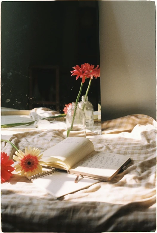 a table with some red flowers and a book