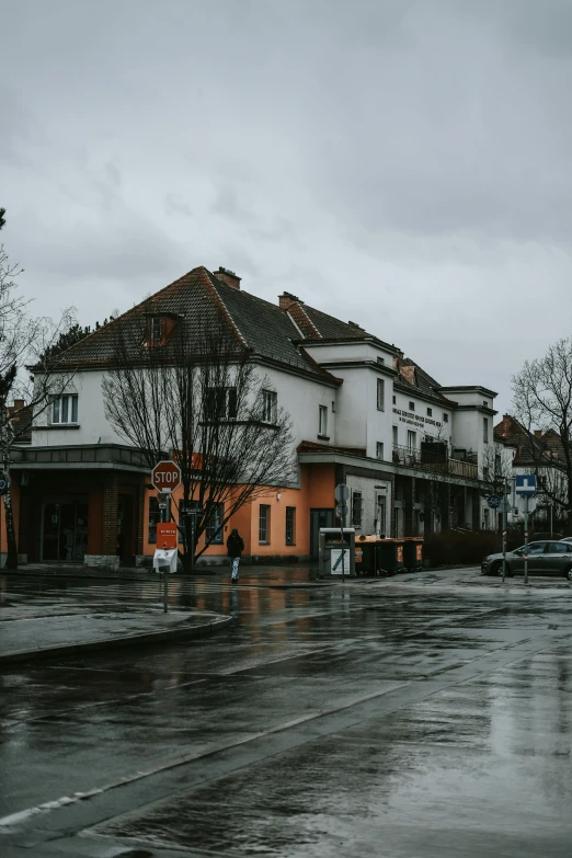 a rainy day with some people walking by