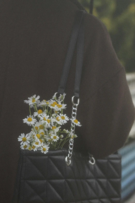 a person walking with daisies in the pocket of their purse