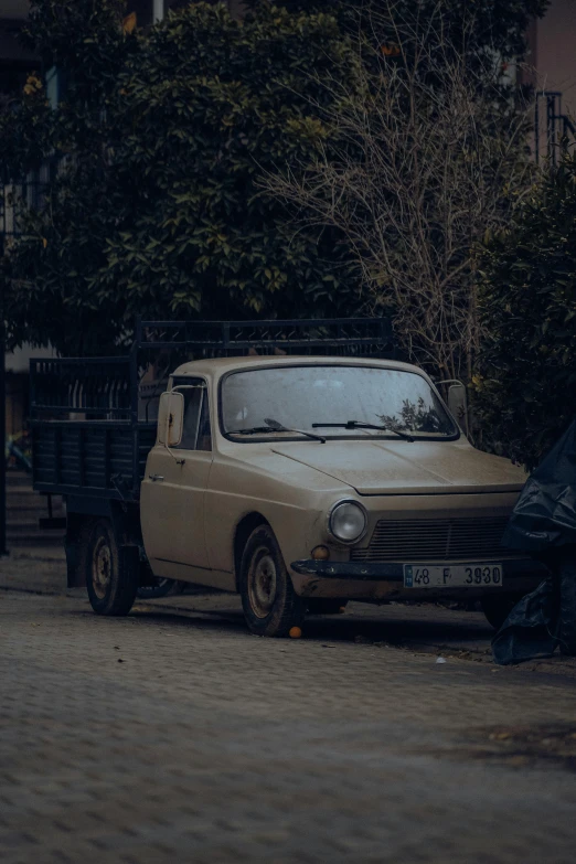 a car parked on the side of a road in front of a bush