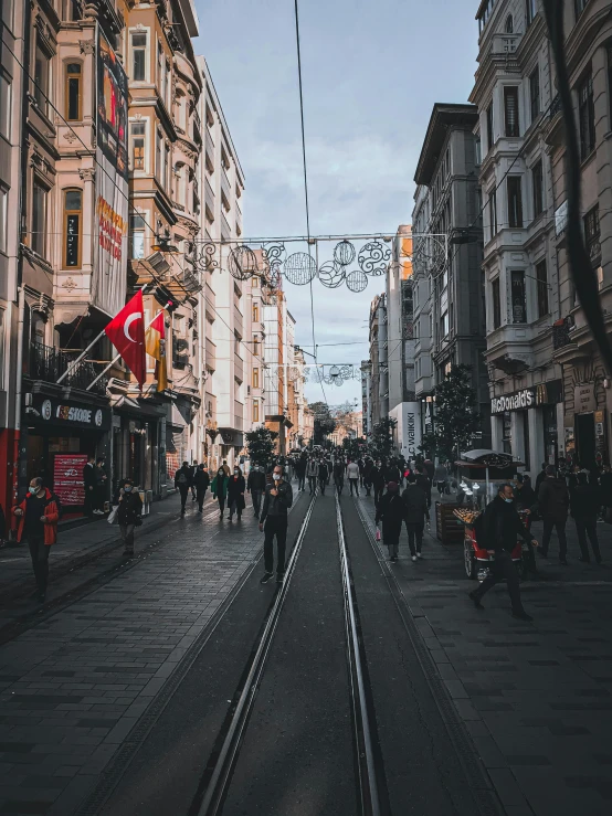 a group of people walking down a busy street