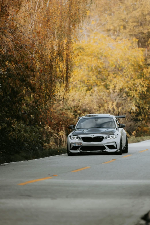 white car is driving on the road in the fall