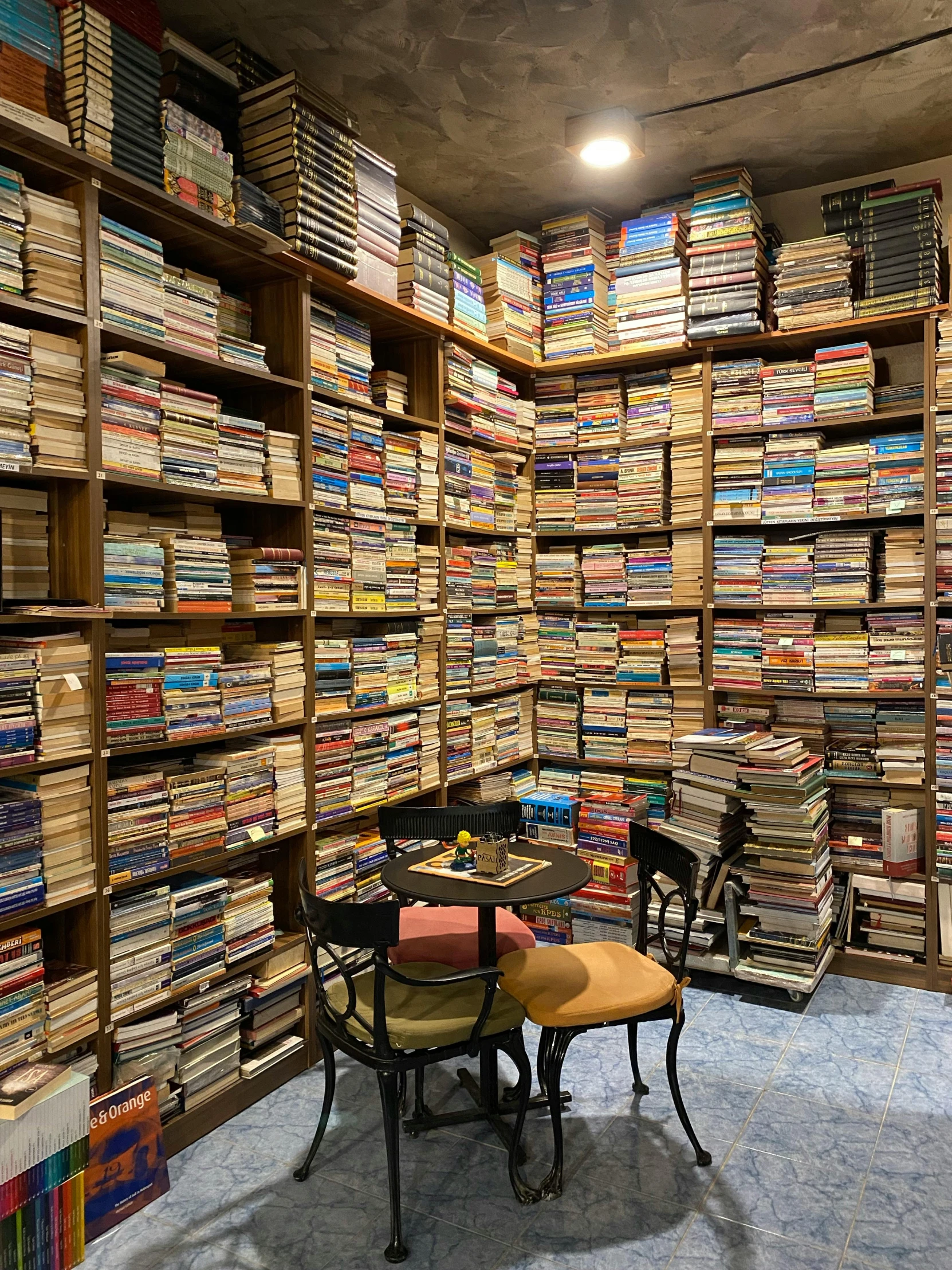 two tables in a room full of books