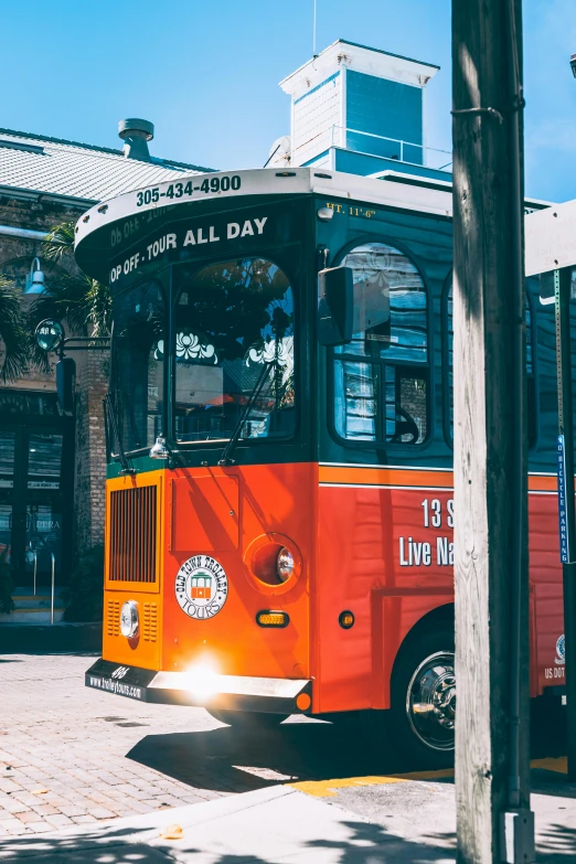 the red bus is driving along the road