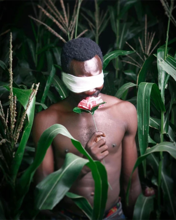 a man wearing bandage around his face and surrounded by green plants