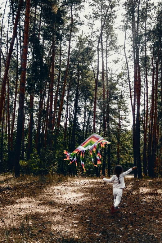 a person in white standing next to trees and holding a colorful kite