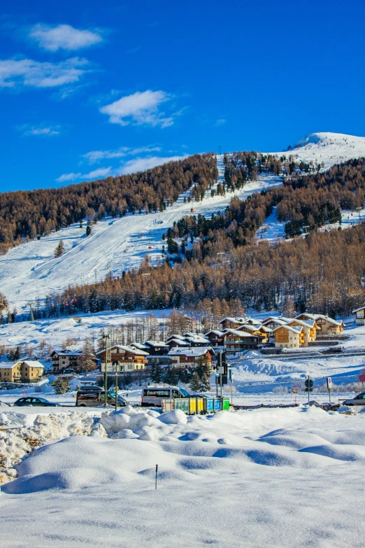 a ski slope and mountain with some cabins and houses