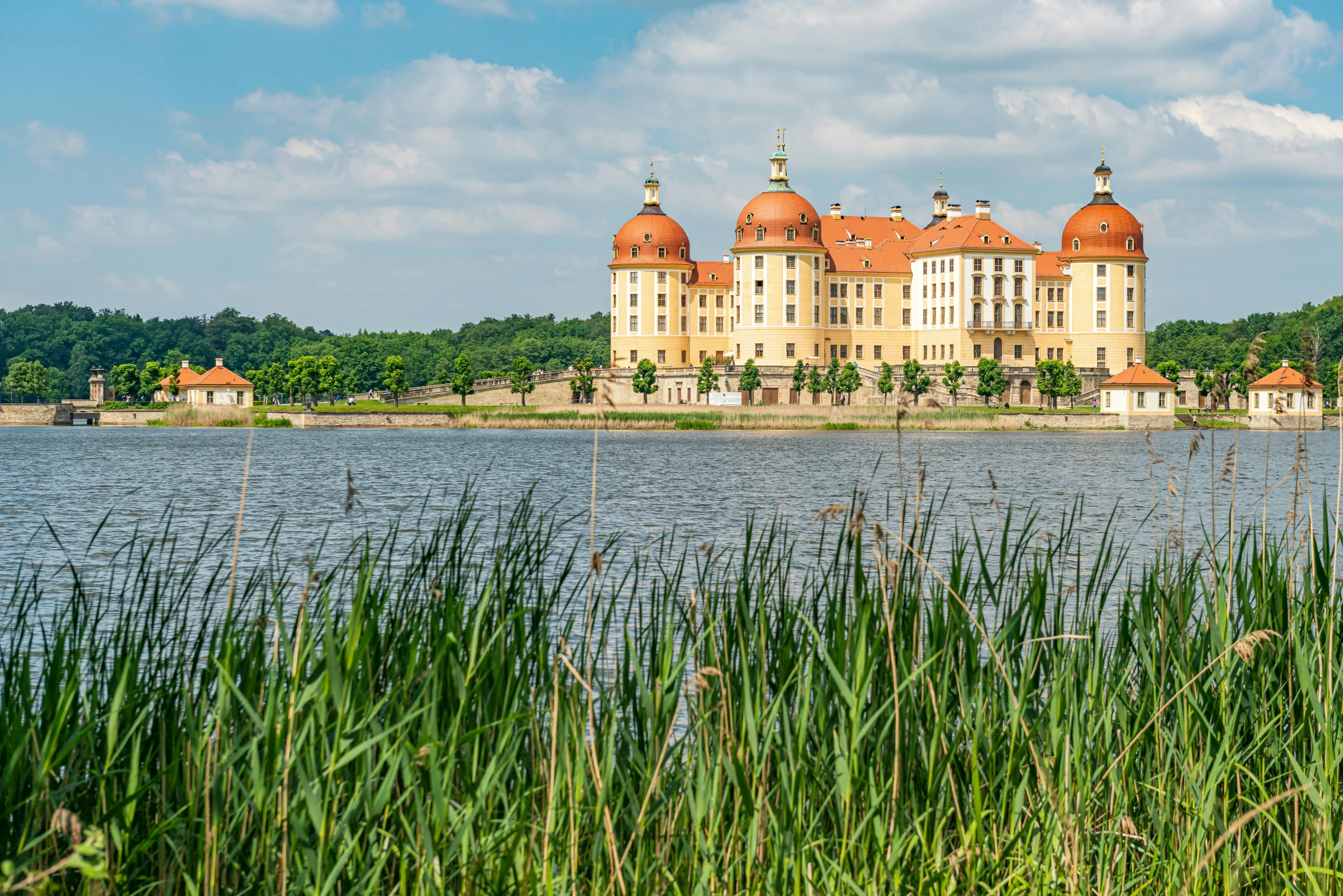 a big castle on top of a lush green hill near the water