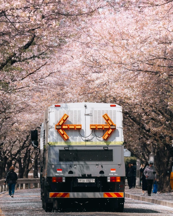 a vehicle is parked next to pink flowers