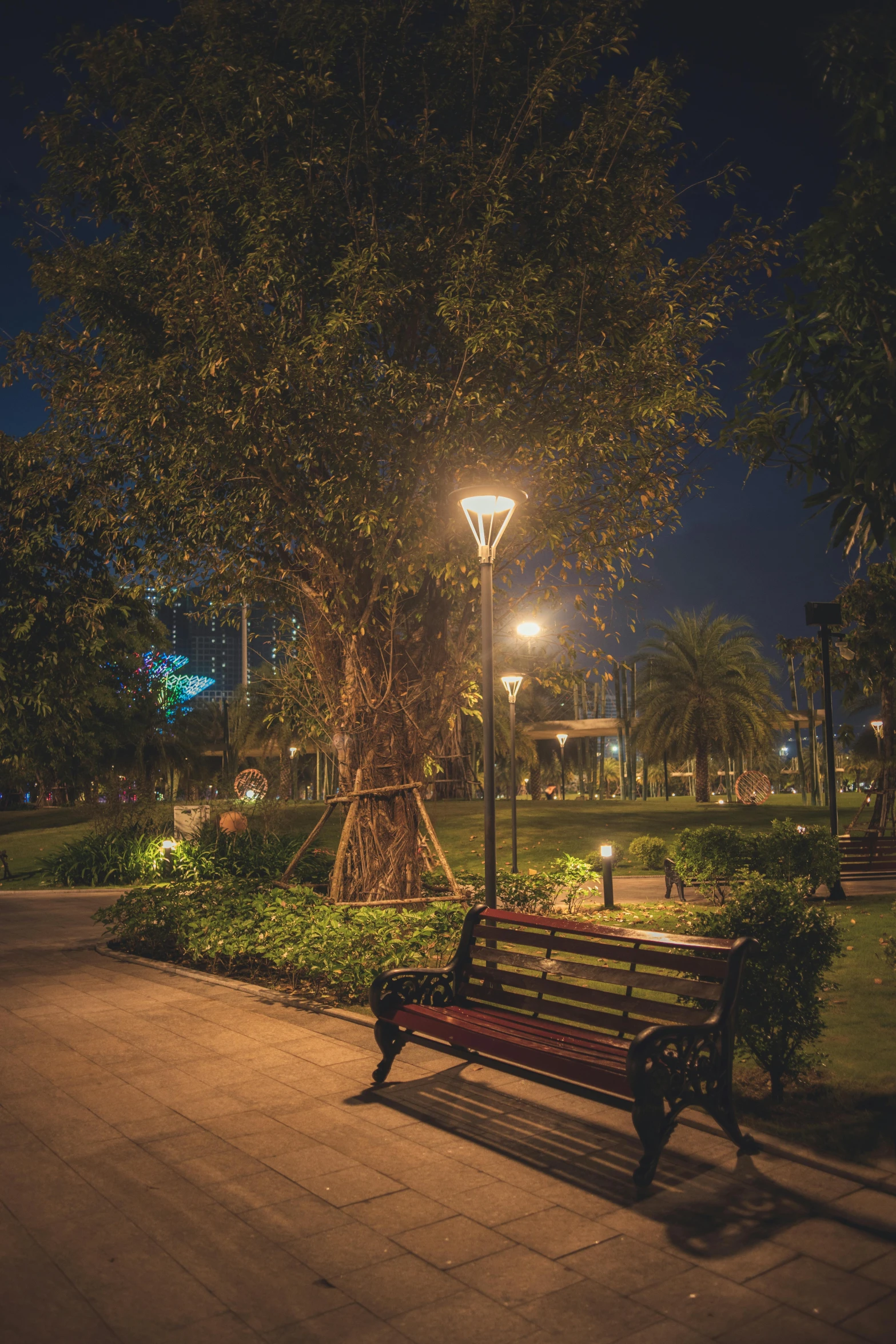 a park bench sits in the middle of a park