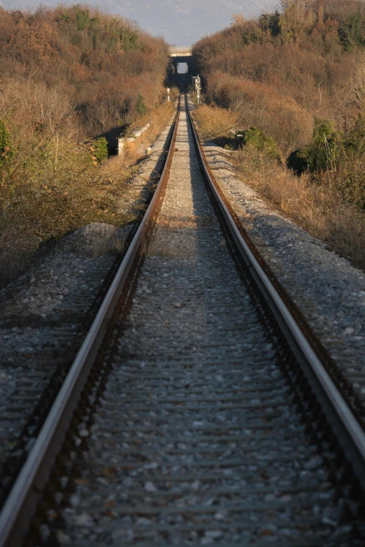 the view from between two railroad tracks into the distance